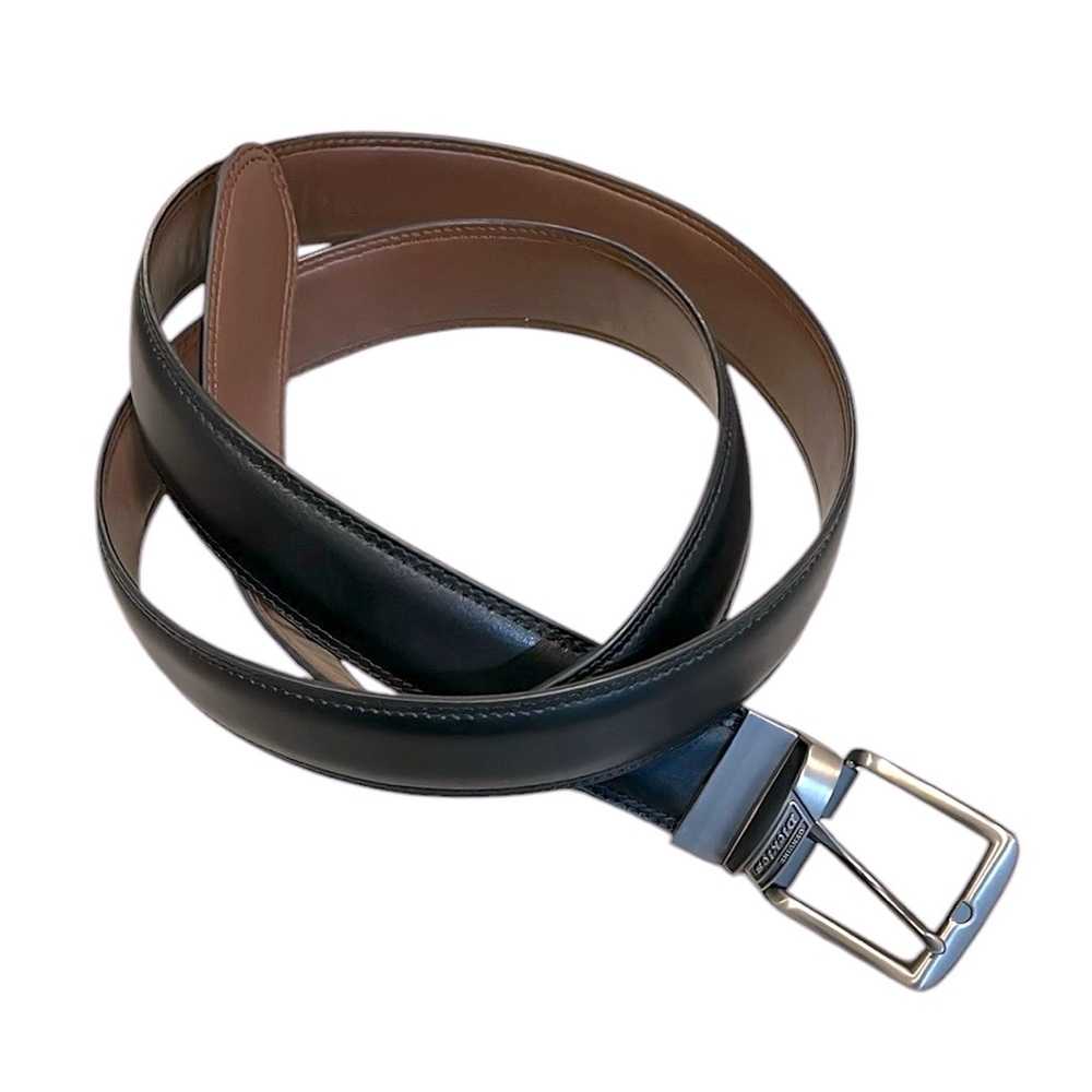 DICKIES REVERSIBLE LEATHER BELT BLK BRO WITH BRUSHED SILVER HARDWARE SIZE 46-48